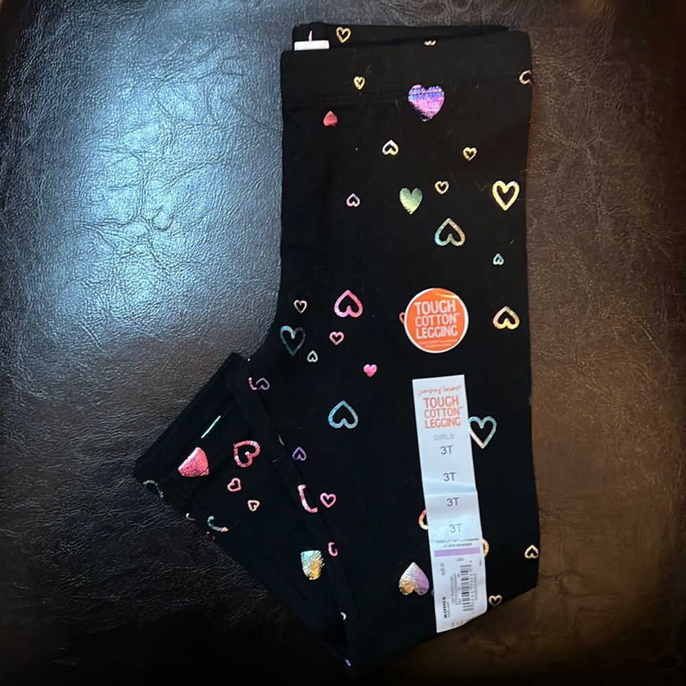 Girls toddler 3T Leggings Black with Metallic Shiny Multi Color Hearts